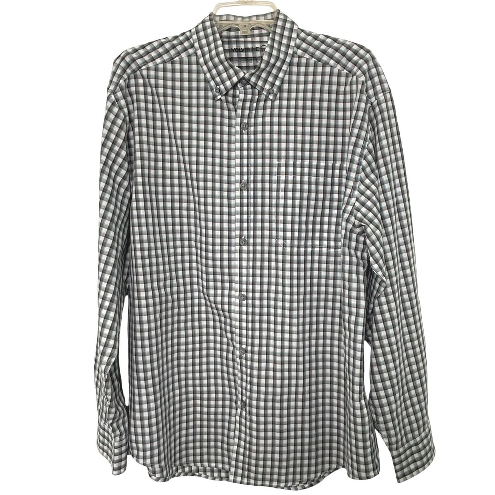 Wolverine Mens Large Plaid Button Down Shirt Grey Teal Long Sleeve Cotton Blend
